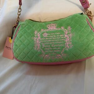 Juicy Couture Green Quilted Shoulder Bag with Pink Trim & Embroidered Crest